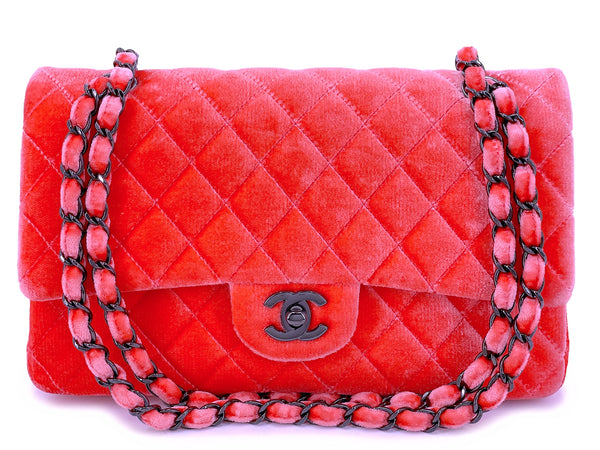 Chanel Coral Velvet Medium Classic Double Flap Bag So Black Metal HW RSD