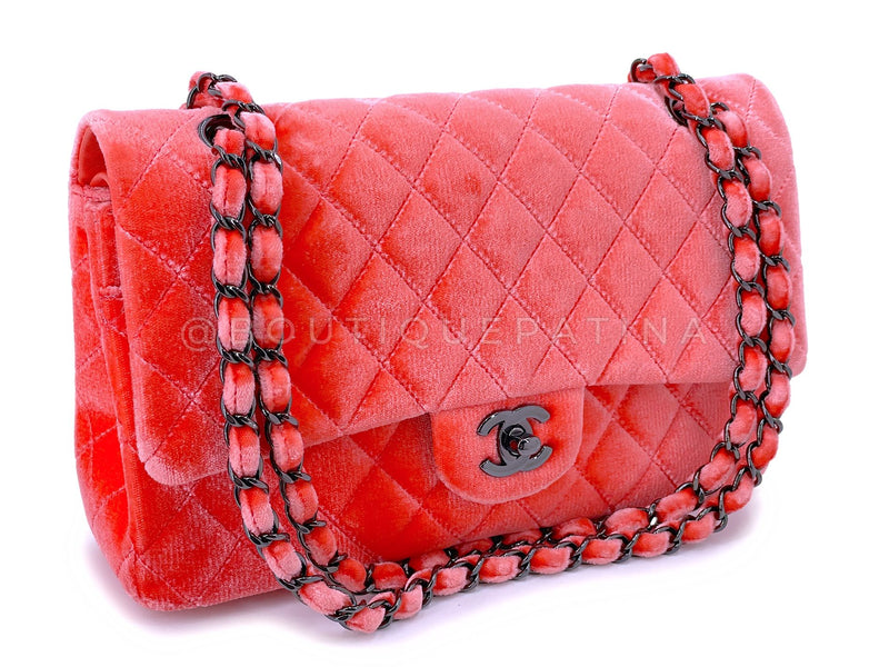 Chanel Coral Velvet Medium Classic Double Flap Bag So Black Metal HW RSD