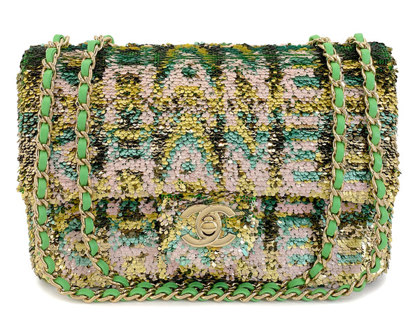 Chanel 2021 Iconic Green Pastel Letter Sequin Green Rectangular Mini Flap Bag GHW 2EE