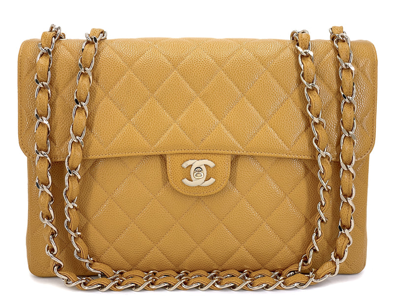 Chanel Beige Caviar Jumbo Flap Bag 2002 Vintage Classic 24k GHW JP8