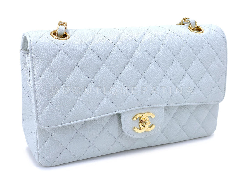 Pristine Chanel 2002 Vintage Pale Blue Caviar Medium Classic Double Flap Bag 24k GHW X35