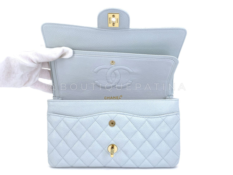 Pristine Chanel 2002 Vintage Pale Blue Caviar Medium Classic Double Flap Bag 24k GHW X35