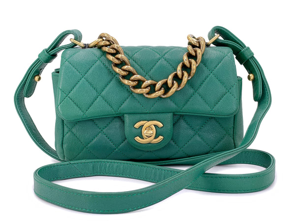 Chanel Green Mini Flap Trapezio Top Handle Crossbody Goatskin Bag