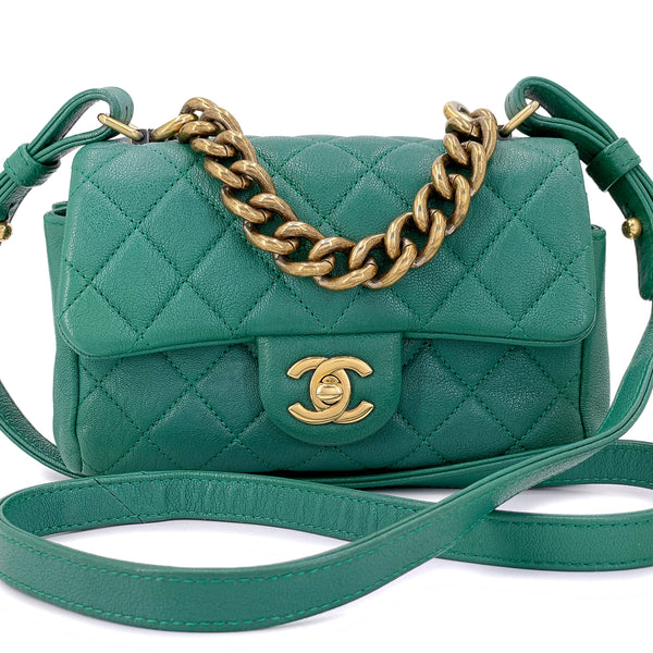 Chanel Green Mini Flap Trapezio Top Handle Crossbody Goatskin Bag