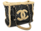 Chanel 2019 Black Shearling Shopper Tote Bag Distressed 2QI