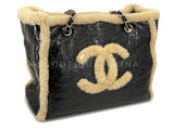 Chanel 2019 Black Shearling Shopper Tote Bag Distressed 2QI