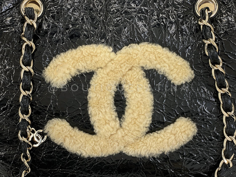 Chanel 2019 Black Shearling Shopper Tote Bag Distressed 2QI