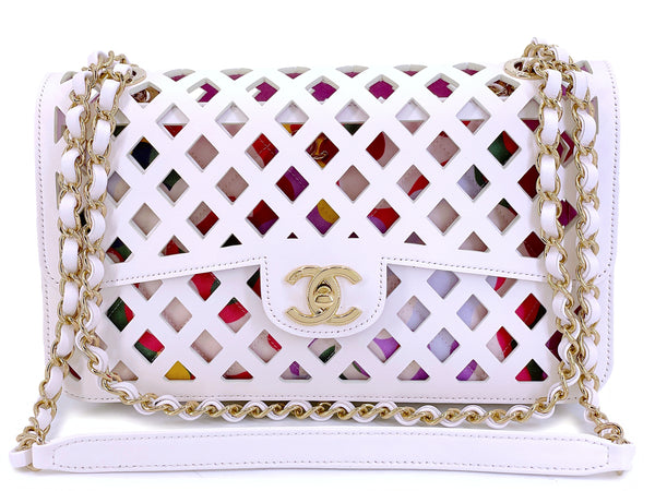 Chanel White Pink Diamond Cutout See Through Medium Flap Bag GHW F6M