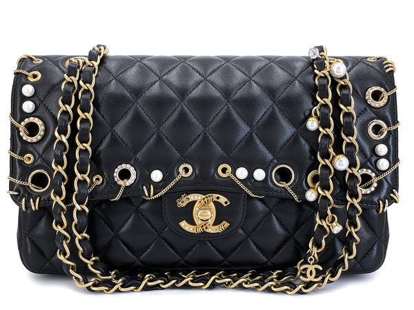 Chanel 2019 Piercing Charms Black Medium Classic Double Flap Bag GHW Q90