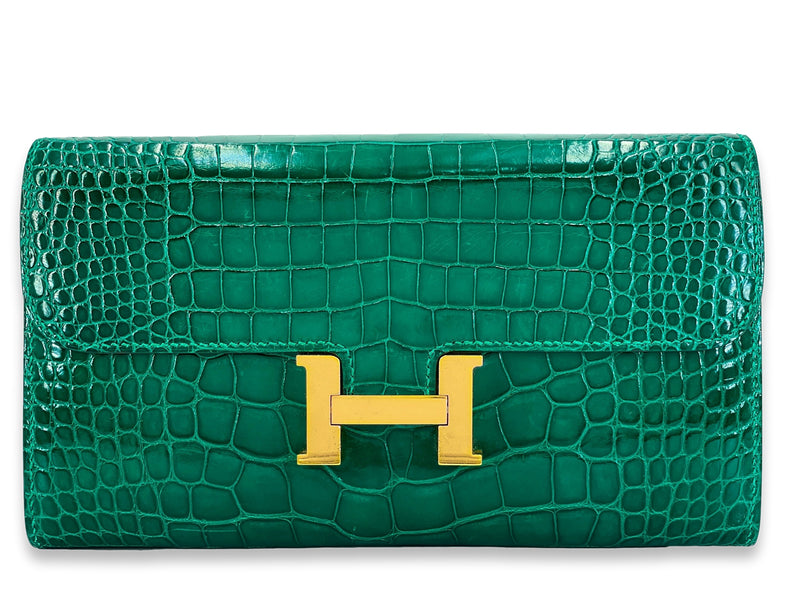 Hermès Emerald Green Shiny Alligator Crocodile Constance Long Wallet Clutch Bag L2B