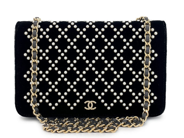 Chanel Black Velvet Pearl Studded Wallet on Chain WOC Evening Bag GHW X3O