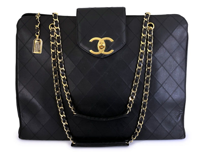 Chanel Vintage Supermodel Tote Bag 1993 Black Quilted XL Weekender 24k GHW WR2