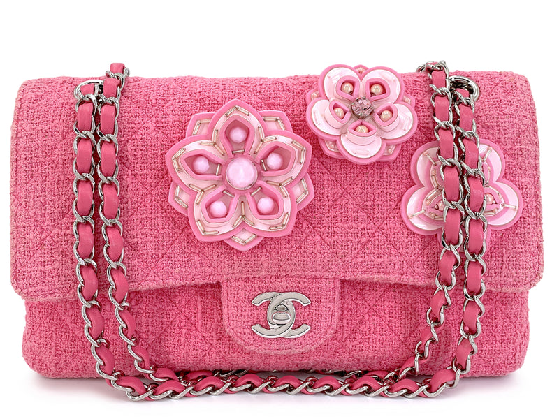 Chanel Pink Tweed Crystal Sakura Flower Flap Bag Silicone SHW LPX