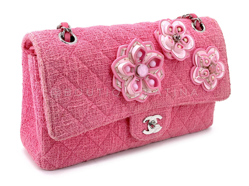 Chanel Pink Tweed Crystal Sakura Flower Flap Bag Silicone SHW LPX