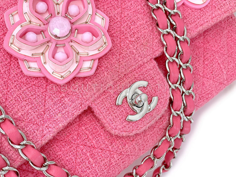 Chanel Pink Tweed Crystal Sakura Flower Flap Bag Silicone SHW LPX