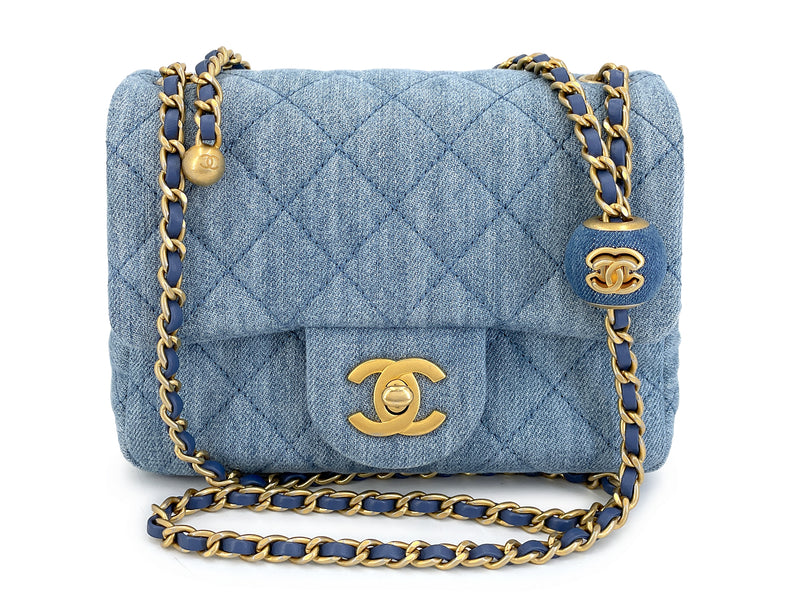 Chanel 22c Blue Denim Pearl Crush Square Mini Flap Bag GHW 93E