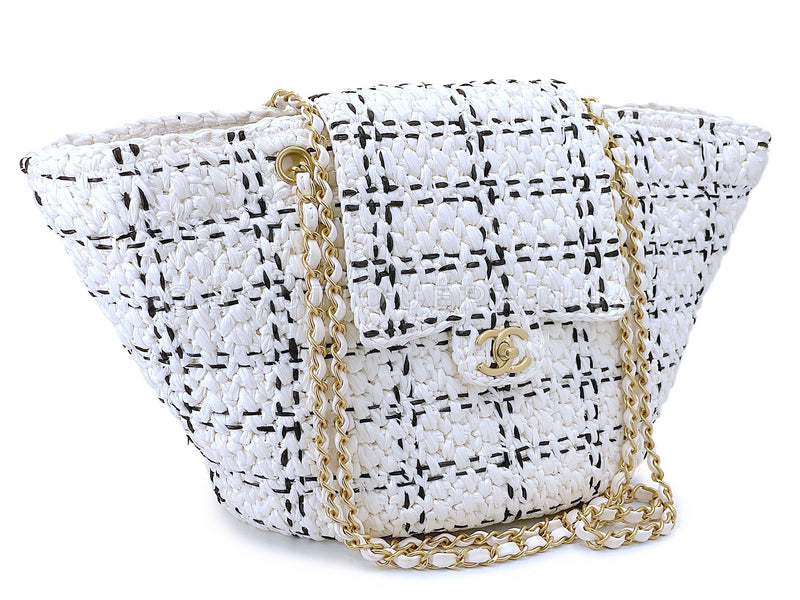 Chanel 2023 Raffia Effect White Flap Shopper Tote Bag GHW 92J