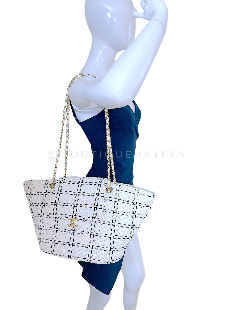 Chanel 2023 Raffia Effect White Flap Shopper Tote Bag GHW 92J