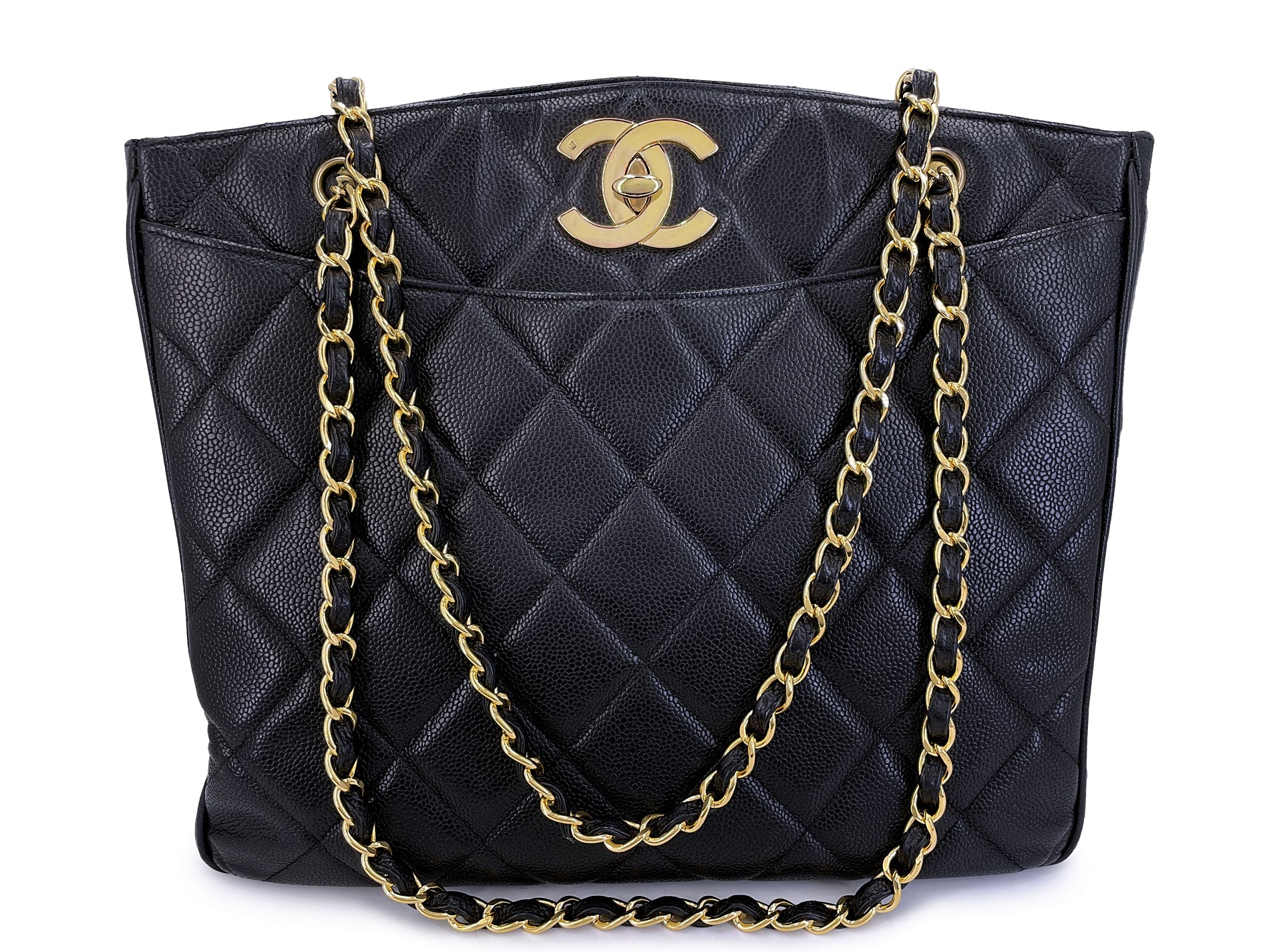 Chanel 1995 Vintage Black Caviar Large CC Timeless Shopper Tote 