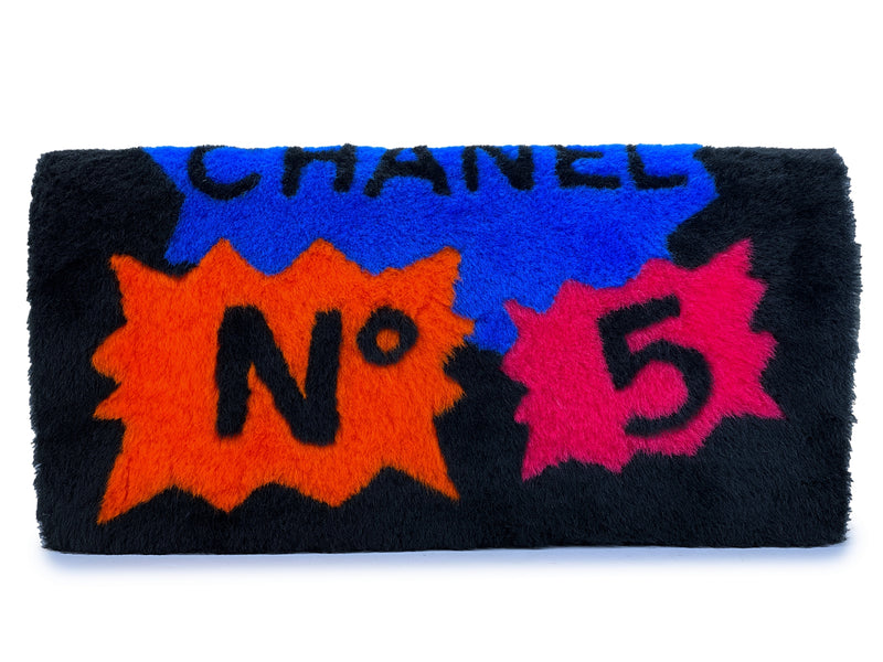 Chanel 2014 Black Supermarket Shearling Giant Clutch Bag SHW Comic Multicolor 5UH