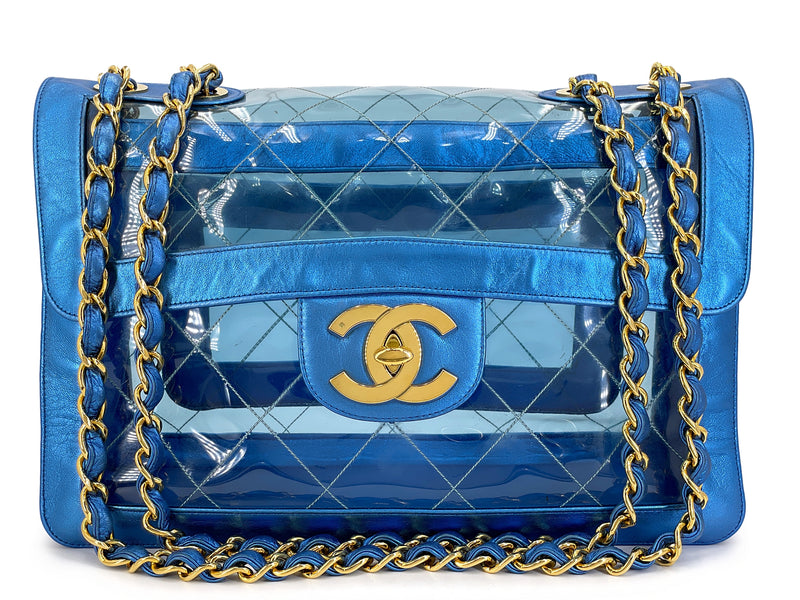 Chanel 95P Vintage "Barbie" Maxi Flap Metallic Blue Bag 24k GHW Classic PCI