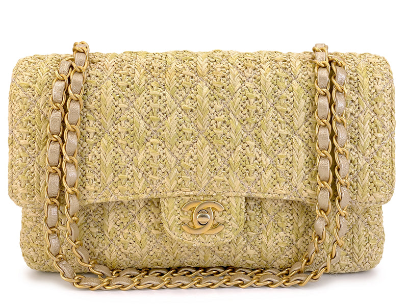 Chanel 18C Beige Raffia Medium Classic Double Flap Bag GHW Paris Athens MWZ