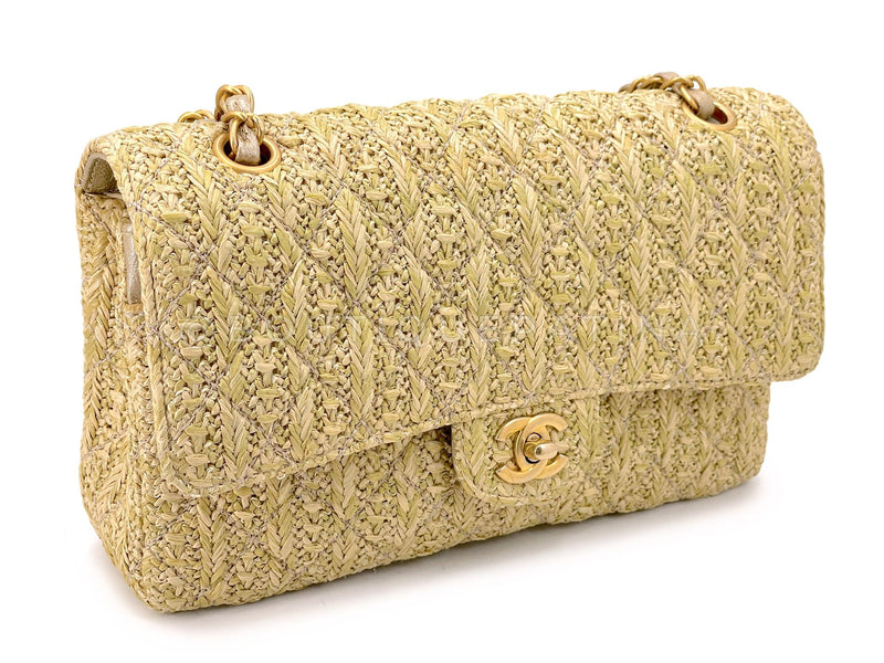 Chanel 18C Beige Raffia Medium Classic Double Flap Bag GHW Paris Athens MWZ