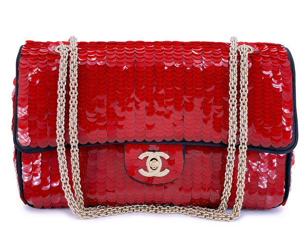 Chanel 2010 Red Sequin Satin Paris-Shanghai Medium Flap Bag GHW 1GG