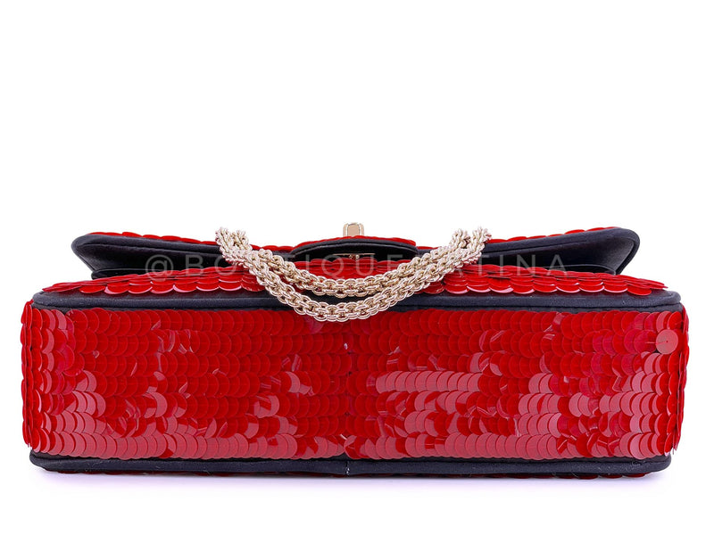 Chanel 2010 Red Sequin Satin Paris-Shanghai Medium Flap Bag GHW 1GG