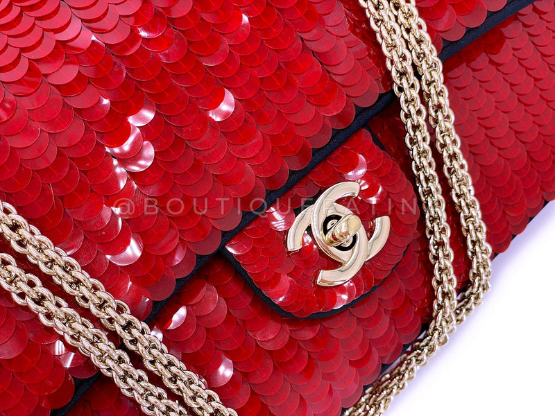 Chanel 2010 Red Sequin Satin Paris-Shanghai Medium Flap Bag GHW 1GG