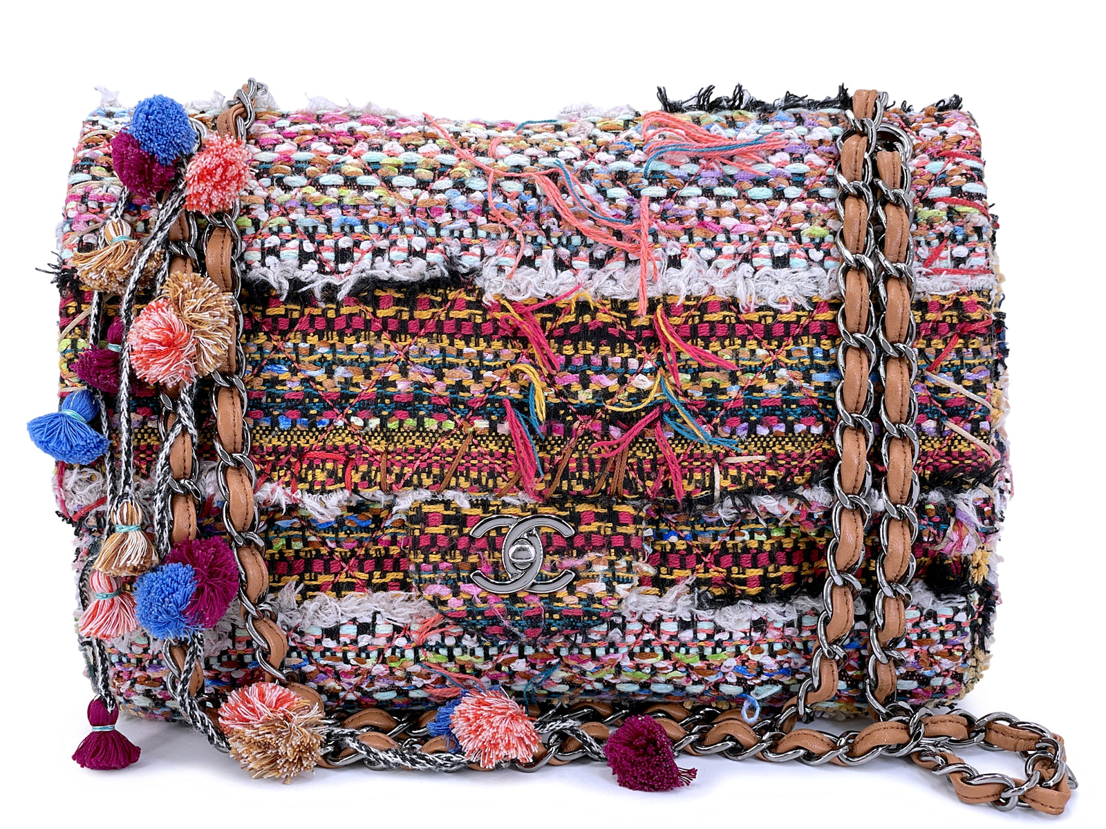 Chanel 15C Paris Dubai Pom Pom Tweed Jumbo Flap Bag RHW Rainbow