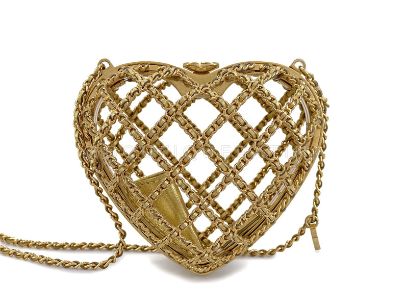 23S Chanel Caged Heart Minaudière Evening Clutch Bag Gold Small D32