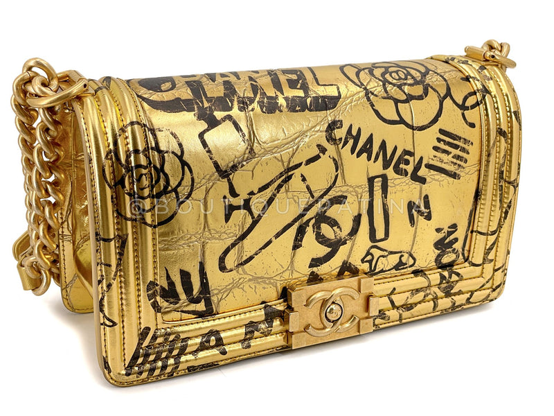 Chanel 19A Egypt Gold Crocodile Print Graffiti Boy Bag Medium GHW Paris-New York 8VU