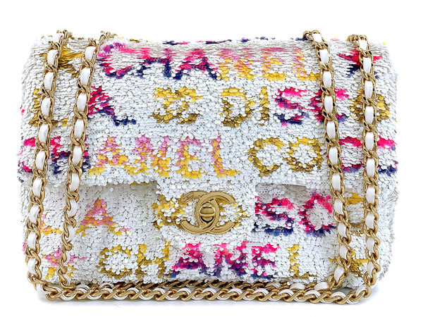 Chanel 24C White Letter Sequin Paris LA Mini Flap Bag GHW XXP