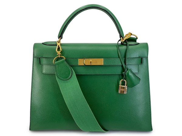 Hermès Green 32cm Sellier Kelly Courchevel Epsom Bag 24k GHW ILZ