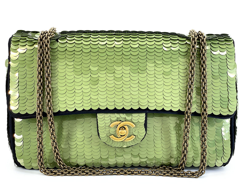 Chanel 2010 Green Sequin Satin Paris-Shanghai Medium Flap Bag GHW TO8