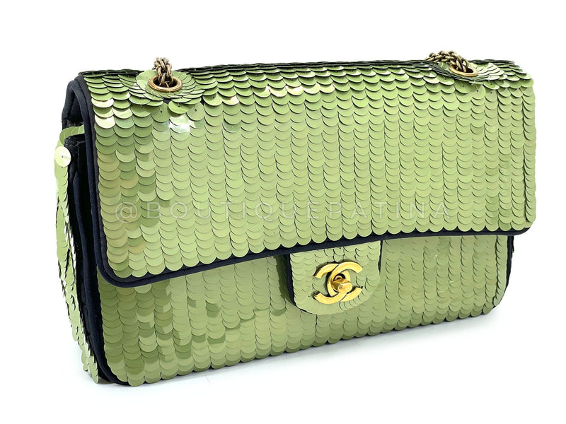 Chanel 2010 Green Sequin Satin Paris-Shanghai Medium Flap Bag GHW TO8