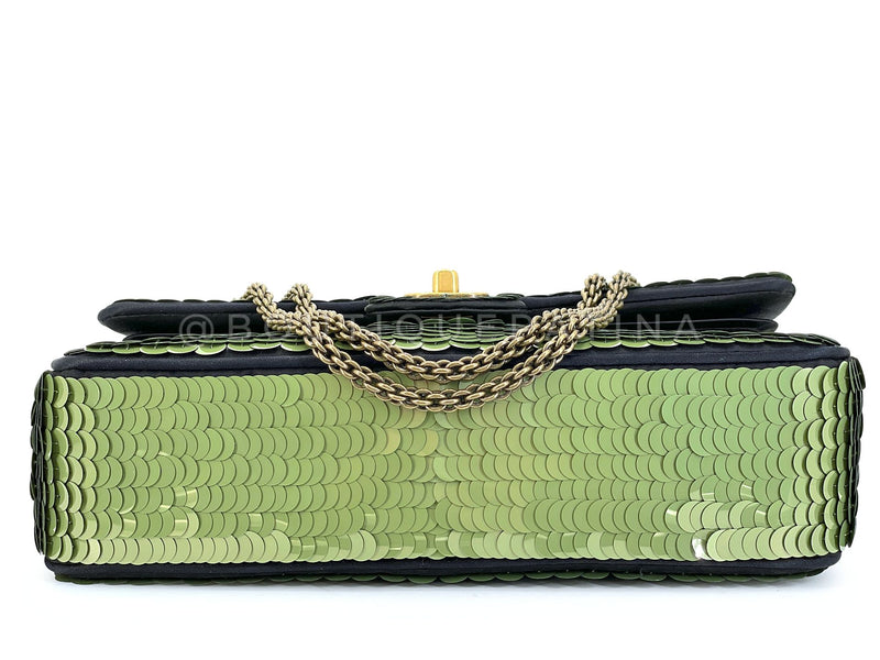 Chanel 2010 Green Sequin Satin Paris-Shanghai Medium Flap Bag GHW TO8