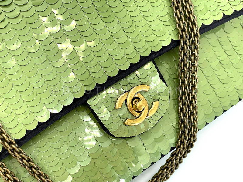 Chanel 2010 Green Sequin Satin Paris-Shanghai Medium Flap Bag GHW TO8