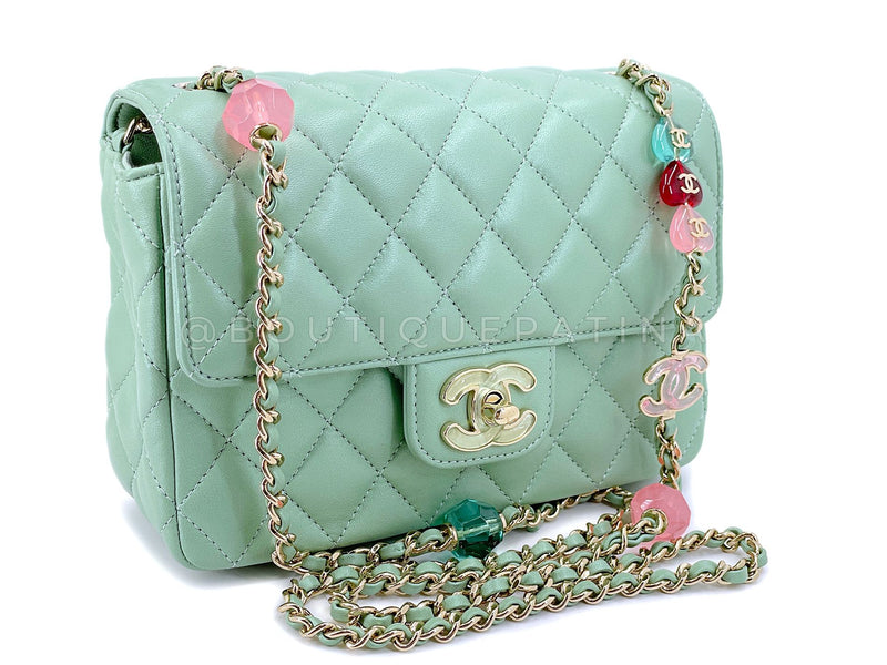 Chanel 23P Mint Green Lambskin Lucite Candy Hearts Square Mini Flap Bag GHW Y8V