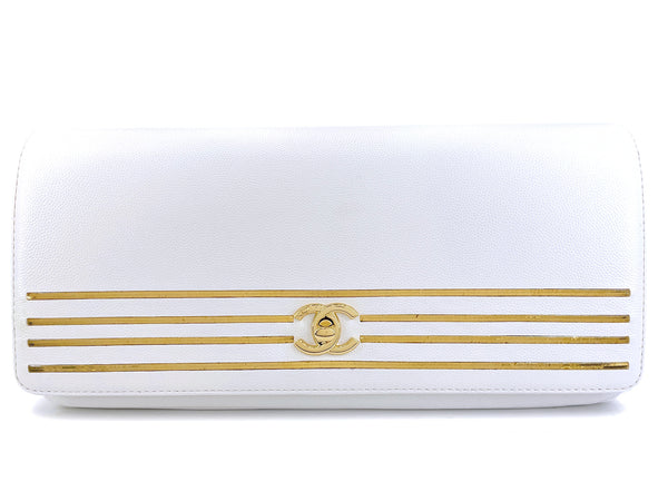 Chanel White Caviar Large Captain Gold Bar Clutch Bag GHW TP7