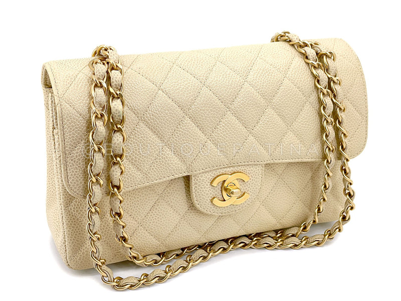 Chanel 2001 Vintage Mushroom Beige Speckled Caviar Small Classic Double Flap Bag Brushed 24k GHW CF4