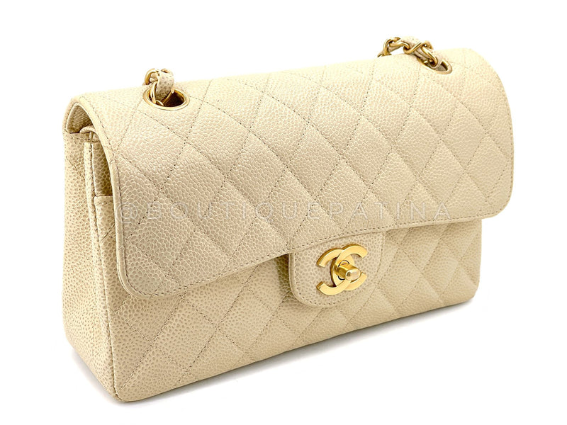 Chanel 2001 Vintage Mushroom Beige Speckled Caviar Small Classic Double Flap Bag Brushed 24k GHW CF4