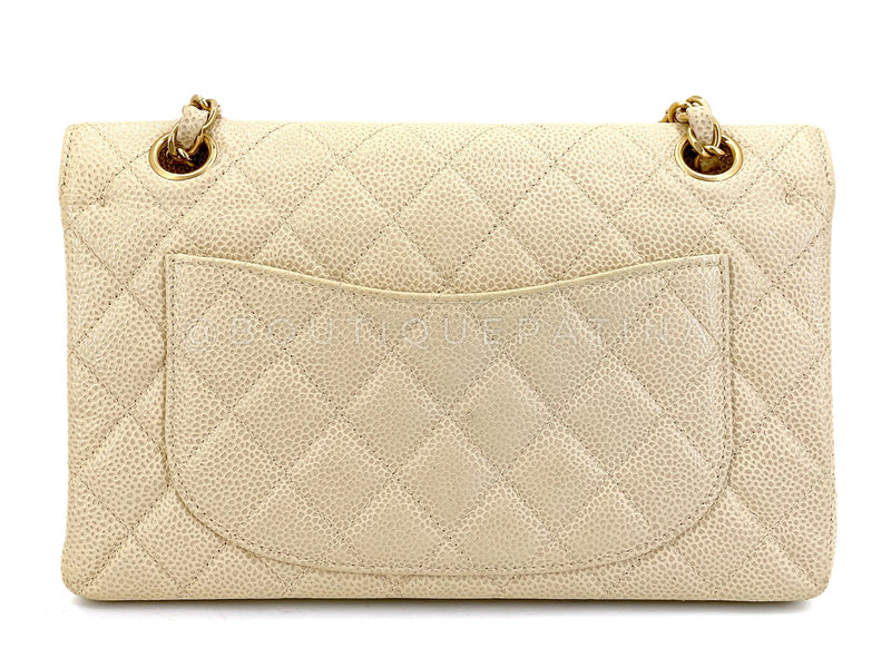 Chanel 2001 Vintage Mushroom Beige Speckled Caviar Small Classic Double Flap Bag Brushed 24k GHW CF4