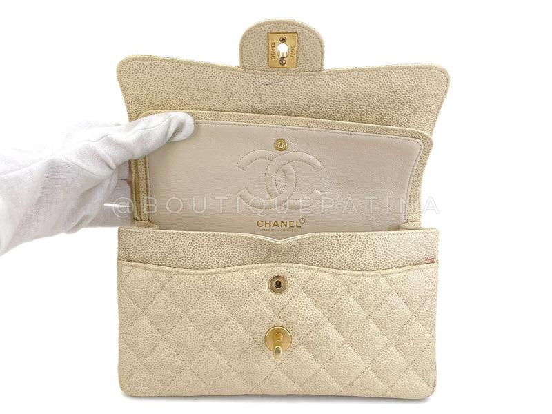 Chanel 2001 Vintage Mushroom Beige Speckled Caviar Small Classic Double Flap Bag Brushed 24k GHW CF4