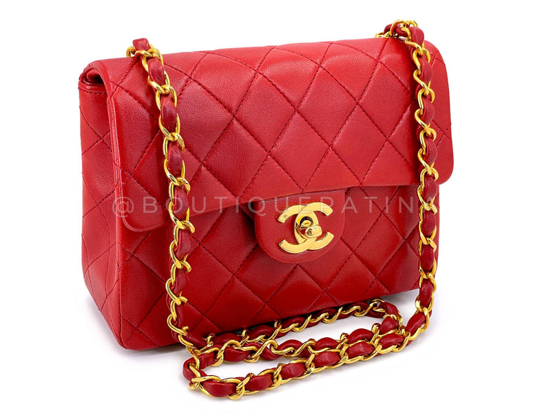 Chanel 1988 Vintage Red Square Mini Flap Bag 24k GHW Lambskin Y0F