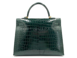 Hermès Vert Cypress Shiny Porosus Crocodile Kelly Bag Sellier 35cm 24k GHW Dark Green XYJ