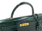 Hermès Vert Cypress Shiny Porosus Crocodile Kelly Bag Sellier 35cm 24k GHW Dark Green XYJ