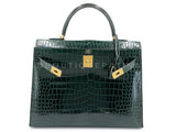 Hermès Vert Cypress Shiny Porosus Crocodile Kelly Bag Sellier 35cm 24k GHW Dark Green XYJ