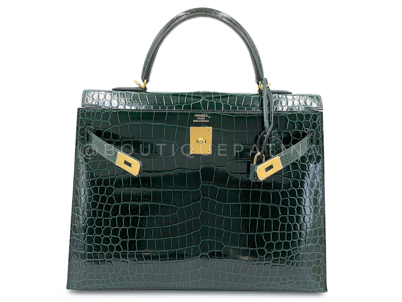 Hermès Vert Cypress Shiny Porosus Crocodile Kelly Bag Sellier 35cm 24k GHW Dark Green XYJ